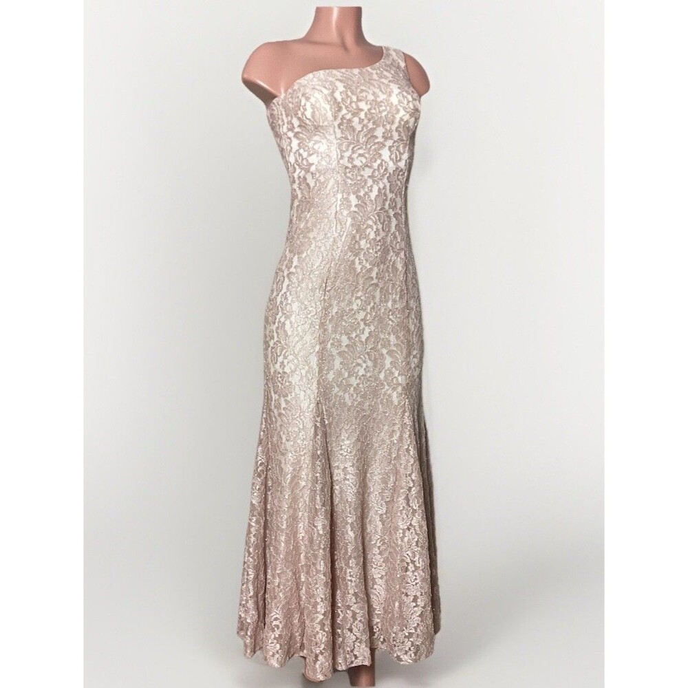Morgan & Co Blush One Shoulder Lace Gown with Flare Mermaid Skirt Size 2 210709
